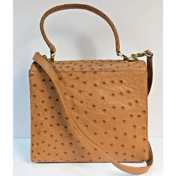 Scuola Del Cuoio Ostrich Leather Caramel Brown Flap Handbag Purse Firenze Italy - Picture 4 of 16